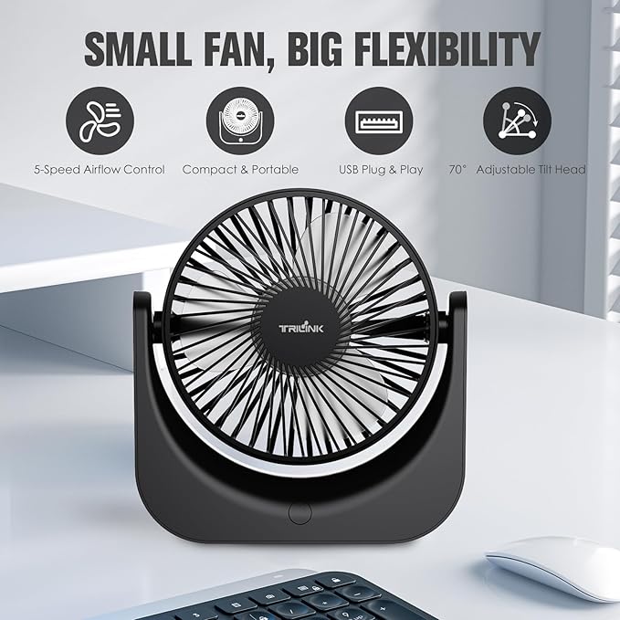 TRILINK Small USB Desk Fan – 5-Speed Mini Table Fan with Adjustable Tilt, Ultra Quiet, USB Powered, Portable Cooling Fan for Home, Desktop, Bedroom, Bed, Office, Travel, and Camping (Black)