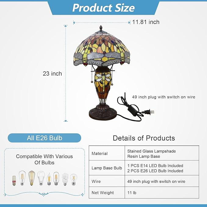 Tiffany Table Lamp 3 Lights Dragonfly Stained Glass Table Lamp Victorian Mother-Daughter Vase Bedside Lamp with Night Light for Bedroom Living Room Home Coffee Decor,11inch