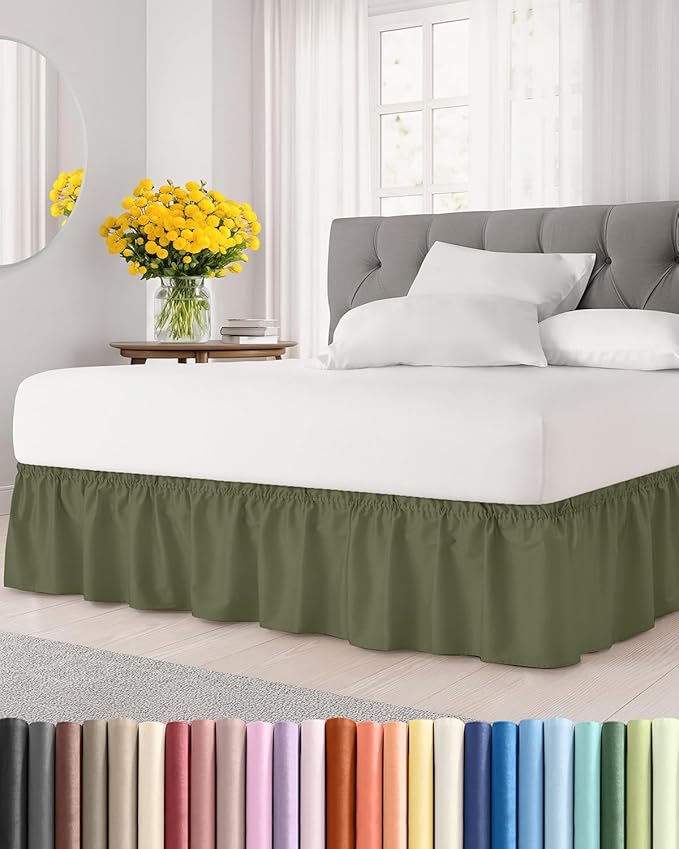 Wrap Around Dust Ruffle Bed Skirt - Sage Green - Twin/Twin XL Size Beds with 18 Inch Drop - Elastic Strap - Adjustable Pleated Bedskirt with Brushed Fabric and Wrinkle Free - Women, Men, Kids & Teens