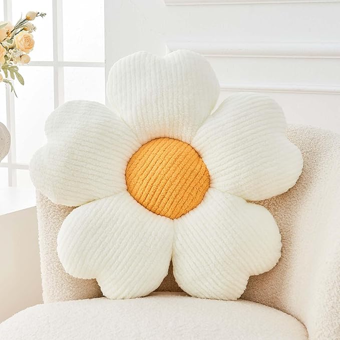 Kcvvcr Flower Throw Pillow, Cute Flower Shaped Pillow Decorative Throw Pillow for Bed Couch, Soft Daisy Pillows Floor Seating Cushion Cushions (19.6 Inch White+Yellow)