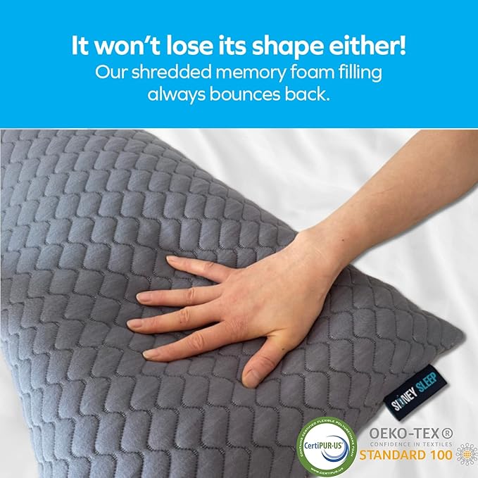 Sidney Sleep Bed Pillow for Side and Back Sleepers - Queen Size - Adjustable Filling - Memory Foam Pillow for Neck and Shoulder Support - Customizable Loft - Additional Foam Bag Included (Grey)