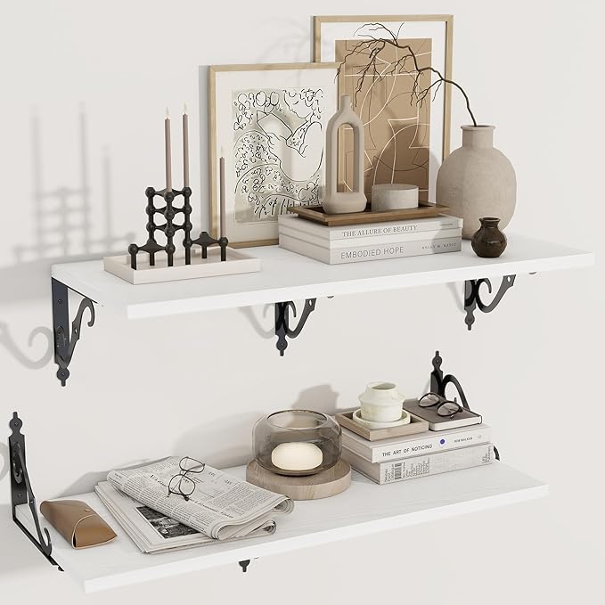 Dreamland Deep Floating Shelves, 31" W x 12" D Wall Shelves Set of 2, Wide Display Shelf Wall Mounted with Brackets, Bookshelf for Living Room, Bathroom, Bedroom, White