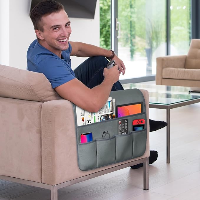 WETRBWEH TV Remote Control Holder Couch Caddy, Non-slip Bedside Caddy Organizer with 5 Pockets for Key Glasses Phone Magazine Holders (Gray, 35''x18'')