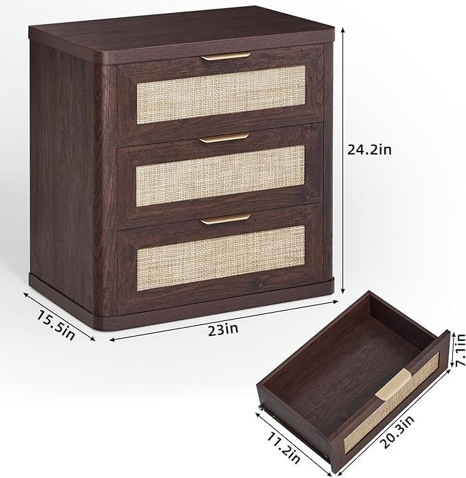 LEYAOYAO Rattan Night Stand with Drawers, 23" Large 3 Drawer Boho Nightstand, Walnut Bedside Table Storage Cabinet, Bed Side End Tables Dresser for Bedroom, Living Room, Hallway, Closet
