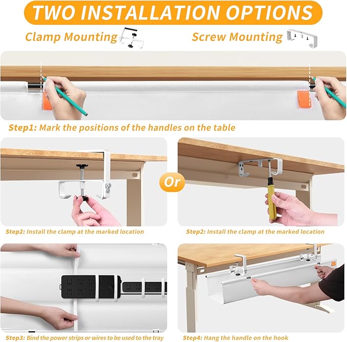 No Drill Under Desk Cable Management Tray, 28" Cord Organizer with Clamp, Fabric Cable Management for Standing Desks, Ideal for Home & Office - White