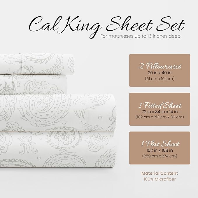 Linen Market 4 Piece California King Bedding Sheet Set (Gray Floral) - Sleep Better Than Ever with These Ultra-Soft & Cooling Bed Sheets for Your Cal King Size Bed - Deep Pocket Fits 16" Mattress