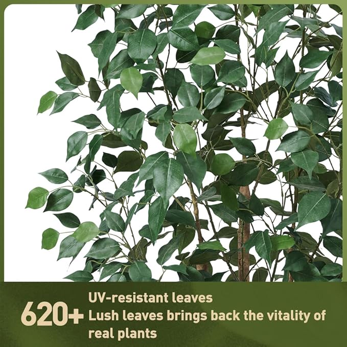 6ft Artificial Ficus Tree,Tall Faux Tree with Silk Leaves & Real Wood Trunk,UV Resistant Potted Fake Plant with Pebbles & Planter-Indoor Outdoor Floor Plant for Home Living Room,VN129