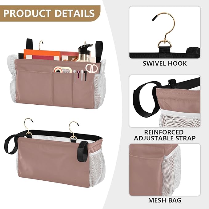 KOPIRIT Light Brown Bedside Caddy Storage Bag Bedside Organizer for Dorm Room Top Bunk Bed Hanging Storage Organizer 6 Pockets with Hooks for Magazine Water Bottle Holder