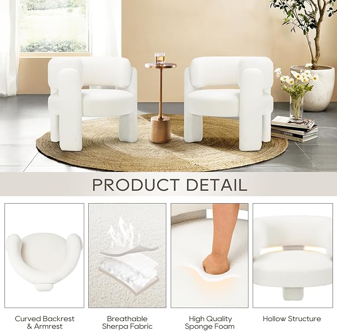 COLAMY Modern Accent Chairs Set of 2, Upholstered Barrel Chairs, Comfy Sherpa Side Arm Chairs with 3 Legs for Living Room, Bedroom, Reading, Cream