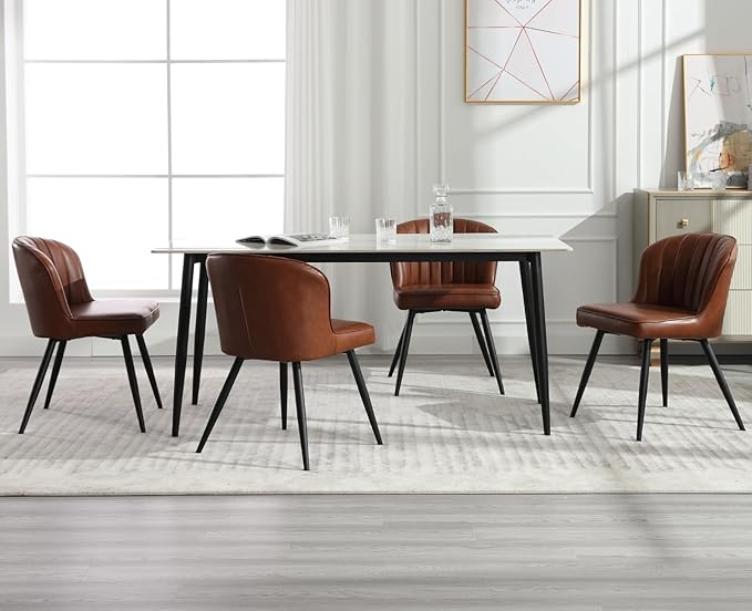 EALSON Modern Dining Chairs Set of 2 Leather Upholstered Accent Dining Room Chairs with Metal Legs Comfortable Armless Kitchen Chairs for Living Room/Dining Room, Brown