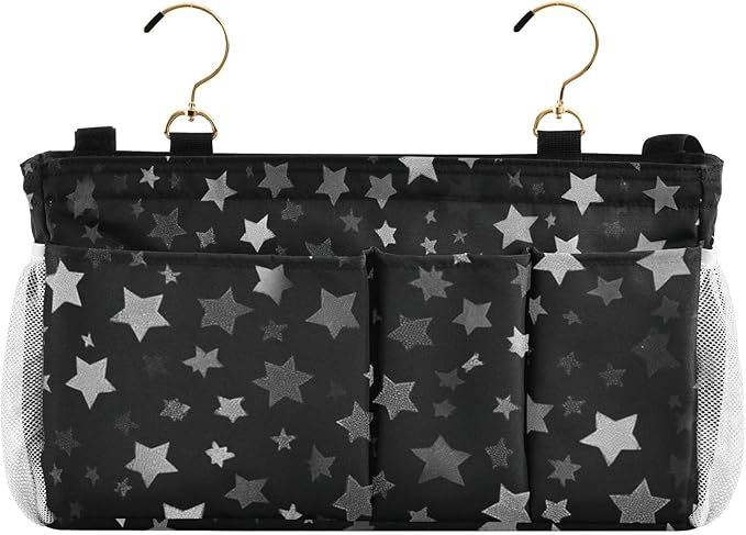 Bedside Caddy Hanging Bunk Bed Caddy Bed Organizer Hanging Pocket with 2 Hooks Bedside Storage Organizer Pocket Bag Holder Silver Stars Black
