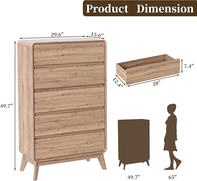 50" Tall Dresser for Bedroom, Vertical Dressers with 5 Drawers and Curved Profile Handleless Design, Chest of Drawers with Natural Texture for Living Room, Hallway and Entryway,Walnut