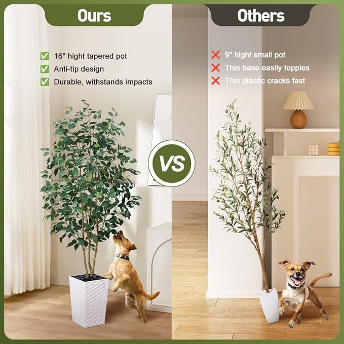 6ft Artificial Ficus Tree-Tall Faux Tree with Pebbles & Planter UV Resistant Potted Fake Plant with Silk Leaves & Real Wood Trunk-Indoor Outdoor Floor Plant for Home,Living Room,VN129