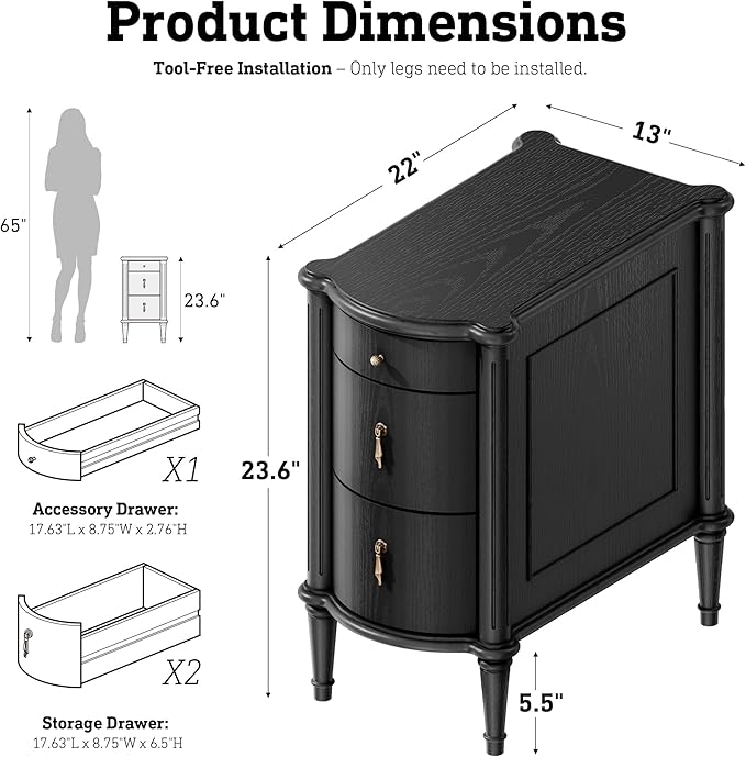 STO'SENSE Nightstand w/Charging Station & 3 Drawers, Pre-Assembled, Vintage Side Table w/Antique-Finished Pulls, Rustic Wood Finish, Narrow End Table w/Turned Legs for Bedroom (2, Black)