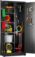 27.55 in Wide Garage Storage Cabinet, Metal Storage Cabinet with Pegboards and 4 Adjustable Shelves, Garage Storage System with Lockable Door for Offices, Gyms and Pantries, Black