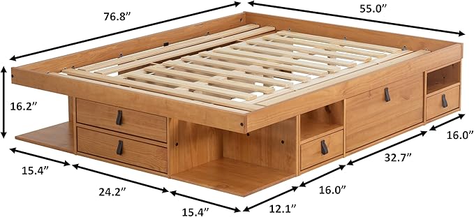 memomad Bali Storage Platform Bed with Drawers (Full Size, Oak Brown Wood)