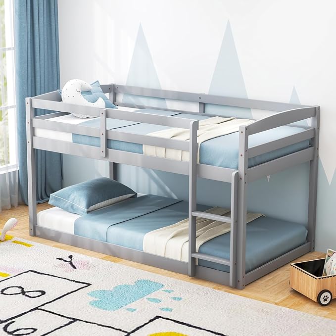 KOMFOTT Low Bunk Bed Twin Over Twin, Solid Wood Bunk Bed Frame with Built-in Ladder & Safety Guardrails, Space-Saving Low Bunk Bed for Kids, Teens, No Box Spring Needed