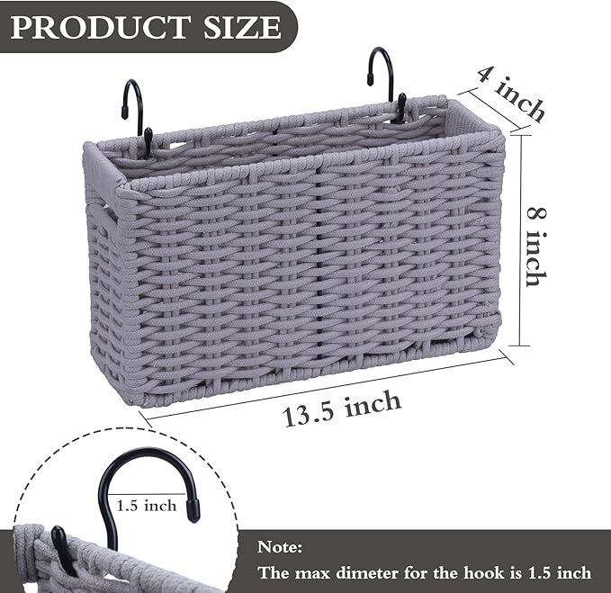 Cotton Rope Woven Bedside Caddy for Dorm Bed, Foldable Bedside Shelf Bunk Bed Accessories, College Dorm Room Essentials Hanging Organizers Storage Basket, Room Decor Magazine File Holder (Gray)
