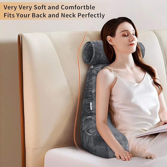 mittaGonG Reading Pillow for Sitting in Bed with Detachable Neck Roll & Big Bed Backrest Pillow Back Support Pillow Chair Pillow with Washable Cover for Adult with Arms and Side Pocket Shredded Foam