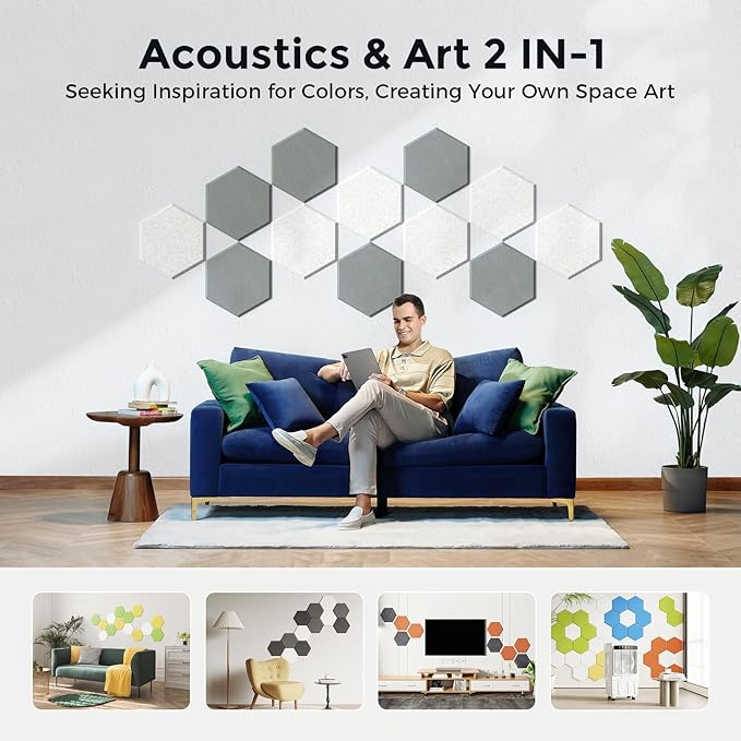 Self-Adhesive Acoustic Panels [390 lbs/yd³ Ultra-High Density], 2nd Generation Sound Absorbing Panel, Professional Level Sound Panel, Polyester Soundproof Foam [Size M, MoonGrey & SilverGrey]