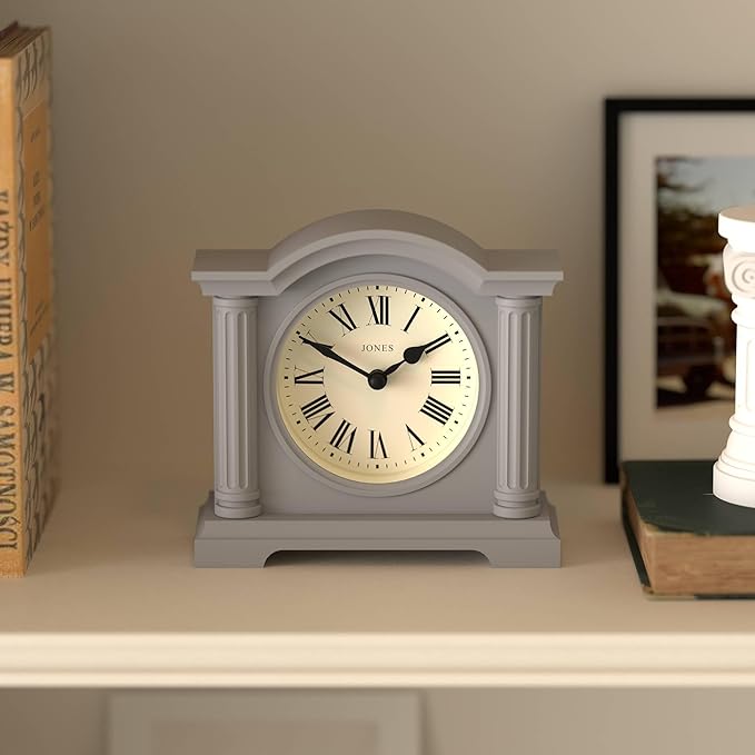 JONES CLOCKS® Kensington Mantel Clock | Classic Arch top Clock | Gray | Stylish & Contemporary | Ideal for Desk, Mantelpiece, Bookshelf or Bedside