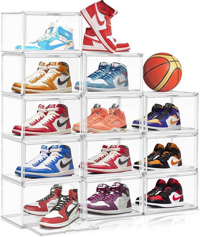 10 Pack Large Acrylic Shoe Box, Size 13 Sneaker Display Case Clear Stackable Display Case with Magnetic Door Toy Hat Collectible Sneakerheads Storage Organizer Bins for Entryway, Closet, Underbed