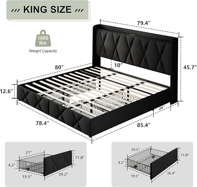 Feonase King Size Bed Frame with 4 Storage Drawers, Upholstered Platform Bed with Charging Station, Wingback Storage Headboard, Wooden Slats Support, No Box Spring Needed, Easy-Assembly, Black