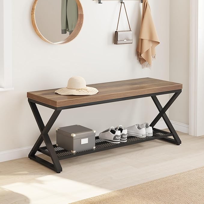 LVB Entryway Shoe Bench with Storage, 39” Entryway Bench for Foyer Hallway, Farmhouse Wood and Metal Indoor Bench for Entrance, Shoe Rack Storage Bench with Sitting for Living Room, Rustic Oak, 39 in