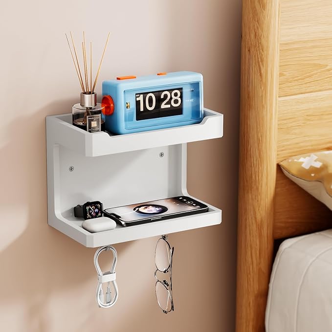 NiHome Large Wall Mounted Wooden Bedside Organizer, Double Storage Shelves & Magnetic Hooks, Solid Wood Bedside Shelf for Phone Glasses Remote Keys, Space-Saving Wall Rack for Bedroom RV Dorm (White)