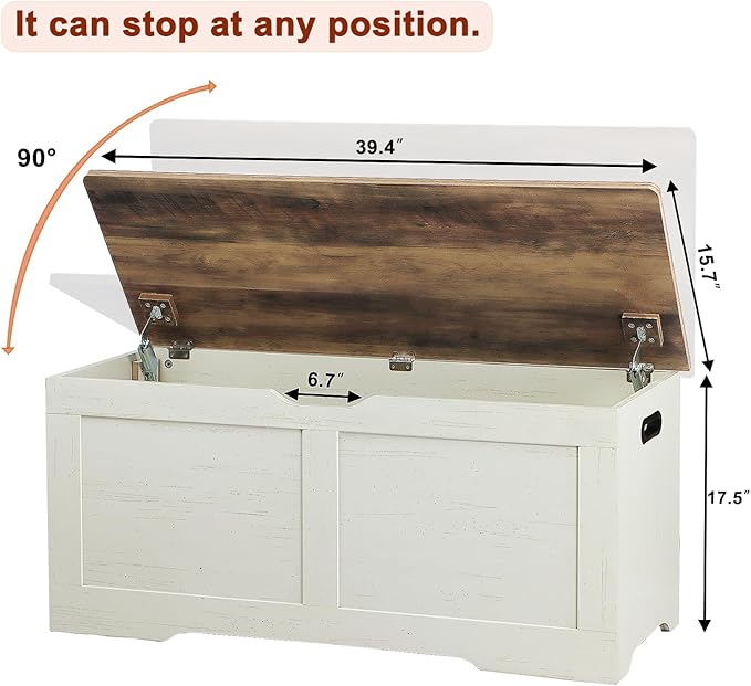 Timberer 39.4" Storage Chest, Wooden Storage Bench, Lift Top Toy Chest with 2 Safety Hinges, Large Toy Box, Entryway Bench for Living Room, Bedroom, Brown and Rustic White