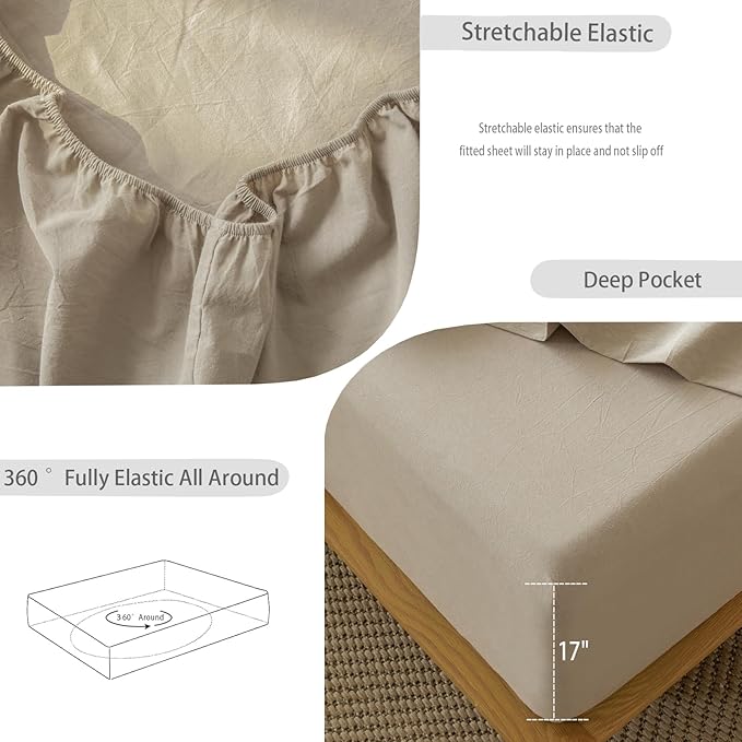 MooMee Fitted Bottom Sheet Only 100% Washed Cotton Linen Like Textured Breathable Durable Soft Comfy Deep Pocket Fits Mattress up to 17" (Mocha Brown, Twin)