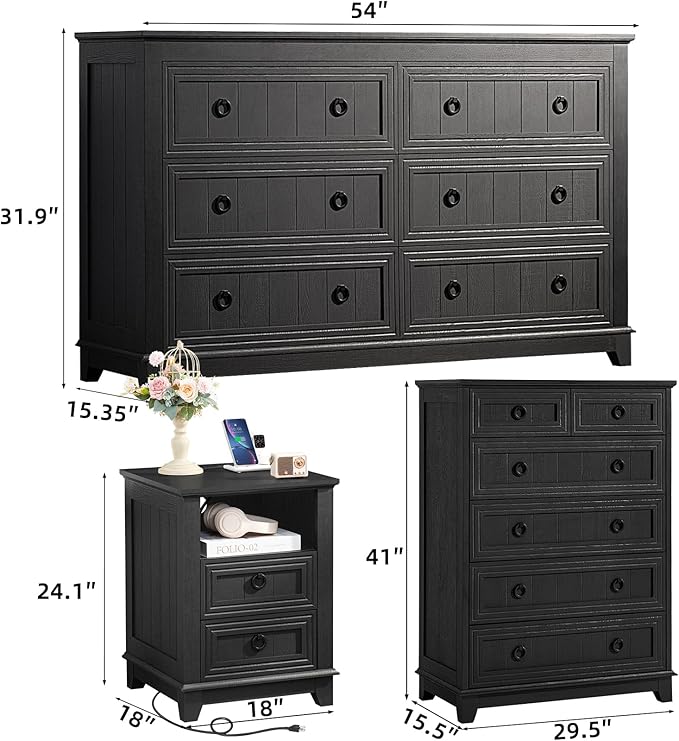 Bedroom Dresser and Nightstand Sets 4 Piece, Farmhouse 6 Drawers Dresser & 40.5" Tall Chest of Drawers,18" Nightstands with Charging Station,54" Wide Furniture Dressers for Bedroom,Living Room