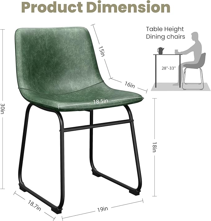 Dining Chairs Set of 6, 18 Inch Modern Armless Dining Chair with Back, Faux Leather Kitchen Dining Room Chair with Metal Legs for Home, Bistro Coffee Shops (Green)