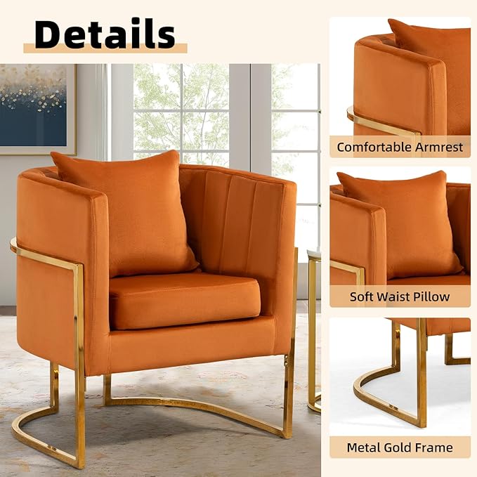 Velvet Modern Accent Chairs Set of 2, Upholstered Barrel Armchair Mid Century with Pillow for Living Room, Comfy Single Vanity Chair with Metal Gold Legs for Bedroom, Orange