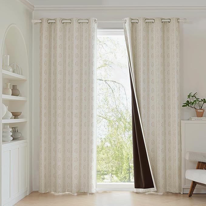 100% Boho Blackout Curtains 96 Inches Long for Bedroom, Taupe on Beige Patterned Bohemian Curtains for Living Room, Geometric Striped Thermal Insulated Window Drapes Gromment Top 2 Panels