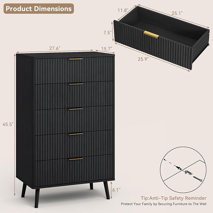 CARPETNAL Fluted 5 Drawers Dresser for Bedroom, 45" Tall Wooden Chest of Drawers with Rounded Corners, Gold Handles, Modern Storage Organizer for Bedroom, Hallway (Black)
