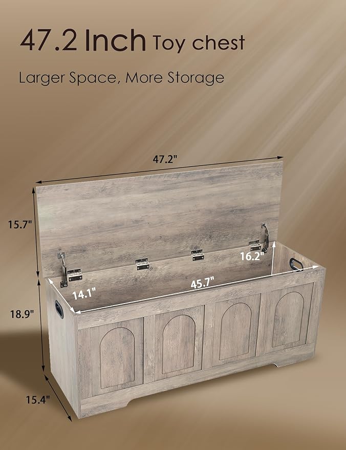 DINZI LVJ Storage Chest, 47.2" Rattan-Like Toy Box with 2 Safety Hinges, Wooden Entryway Storage Bench with Flip-Top, Large Trunk for Living Room, Bedroom, Easy Assembly, Greige