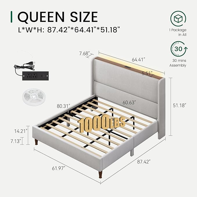 LARMACE Queen Size Bed Frame with LED Lights and Charging Station Linen Upholstered Platform Bed Frame with 51.2" Tall Wingback Headboard and Storage Shelf, No Box Spring Needed, Easy Assembly, Grey