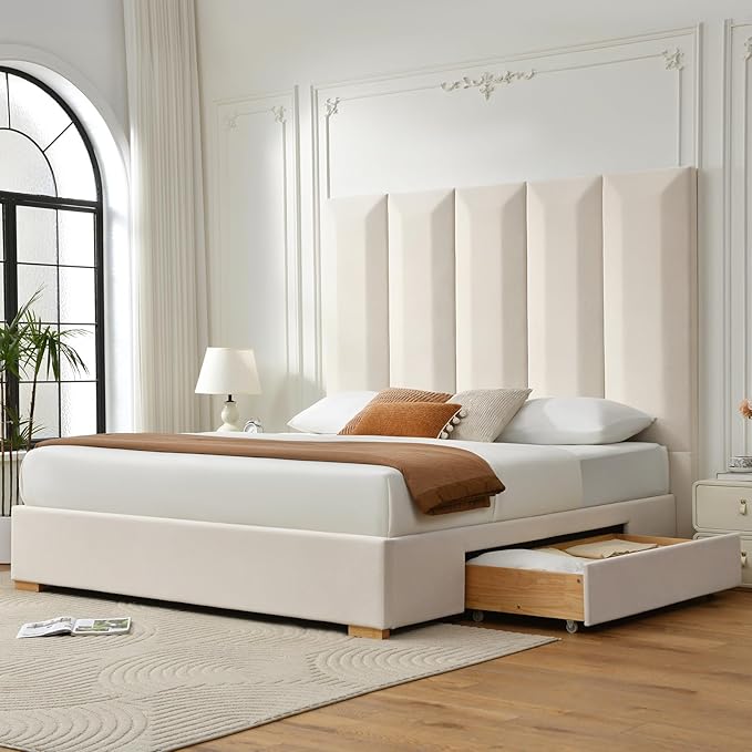 VELOCAVA King Size Upholstered Bed Frame with Extra Tall 71.5" 3D Geometric Headboard, Velvet-Like Fabric, 2 Storage Drawers, 45 Wooden Slats, Adjustable Center Support, No Box Spring Needed, Beige