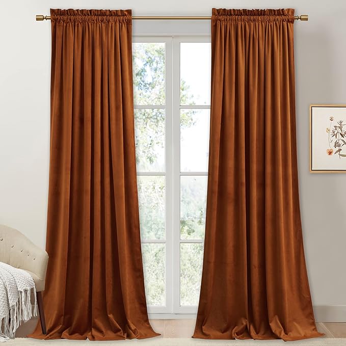 StangH Fall Curtains Burnt Orange Velvet Curtains Luxury Terracotta Thermal Insulated Room Darkening Bedroom Window Drapes for Living Room, Holiday Home Decor for Backdrops, W52 x L84, 2 Panels