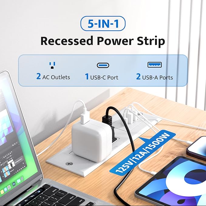 DOACE Recessed Power Strip with 18W USB C Fast Charging Conference Recessed Outlet,Space-Saver for Furniture Side Table,2 AC Outlets,3 USB Ports,6ft Cord, 45° Thin Flat Plug, White
