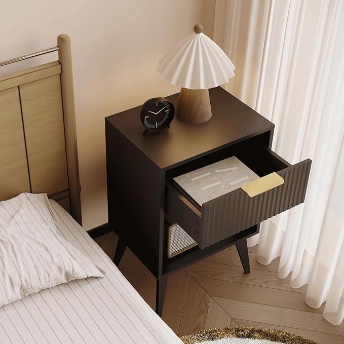 Fluted Night Stand with Opening Storage,Mid Century Bedside Table with Drawer,Black Nightstand with Wood Legs,End Table Side Table for Living Room,Bedroom,11.8" Dx15.7 Wx 25.2" H CTG56BK