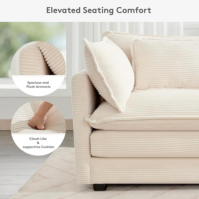 ROWHY 150'' Modular Sectional Cloud Couch, 7 Seater Corner Sofa Big Comfy Corduroy V Shaped Couch with 4 Throw Pillows, Convertible Chaise, Ottoman, Couches for Living Room Office Beige