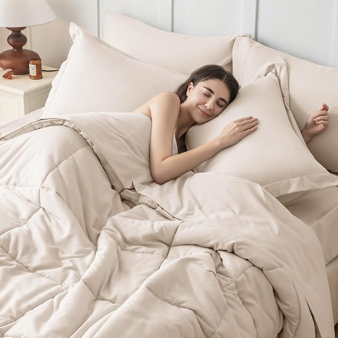 JOLLYVOGUE King Comforter Set, Ultra-Soft Bed in a Bag King Size 7 Pieces, Oeko-TEX Certified Bedding Set with Down Alternative Comforter, Sheets, Pillowcases & Shams, Beige