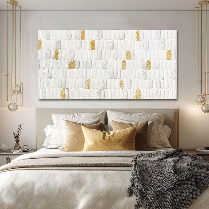 YETHEN WAL White and Gold Abstract Wall Art, Textured Geometric Canvas Painting, Neutral Modern Minimalist Wall Decor for Living Room Bedroom Office 20x40 Inch