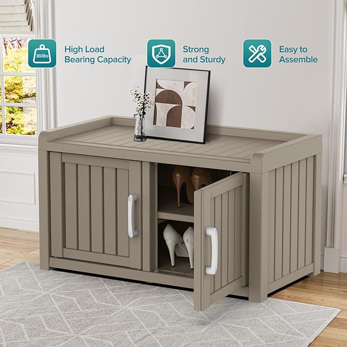 ROJIK Shoe Cabinet Waterproof UV-Resistant,Storage Bench Indoor Outdoor with Adjustable Shelves,for Entryway Bedroom,Hallway,Living Room(Double Door,Grey)