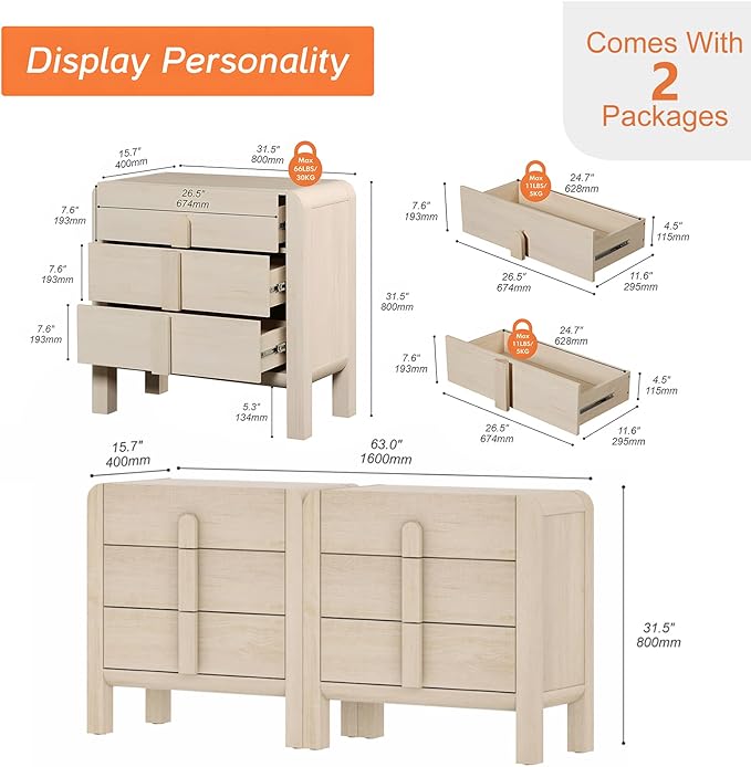 WAMPAT Modern 3-Drawer Nightstand Set of 2, 31.5" Tall Nightstand End Table w/Curved Profile Design,Wooden Dresser with Large Chest of Drawers,Bed Side Table for Bedroom,Living Room, Light Oak