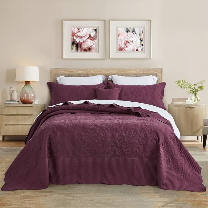 CHIXIN Oversized Bedspread Coverlet Set King Size - Lightweight Bedding Cover - Beautiful Stitching - 5 Piece Reversible Bedspread - Gorgeous Damask Paisley Pattern (King, Purple)