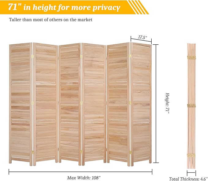 Bonnlo Wood Room Divider Privacy Screen, 5.9 Ft Tall Folding Partition Wall Divider, Indoor Freestanding Hinged Space Separator (Natural, 6 Panel)