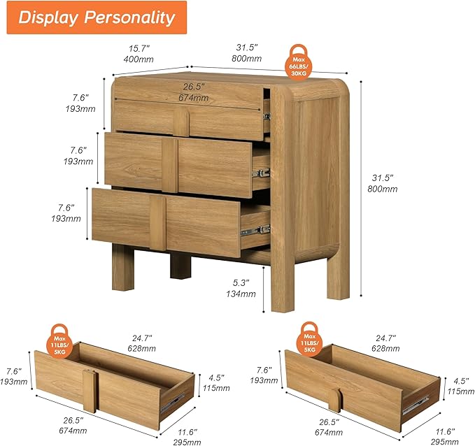 WAMPAT Modern 3-Drawer Nightstand Set of 2, 31.5" Tall Nightstand End Table w/Curved Profile Design,Wooden Dresser with Large Chest of Drawers,Bed Side Table for Bedroom,Living Room, Light Walnut